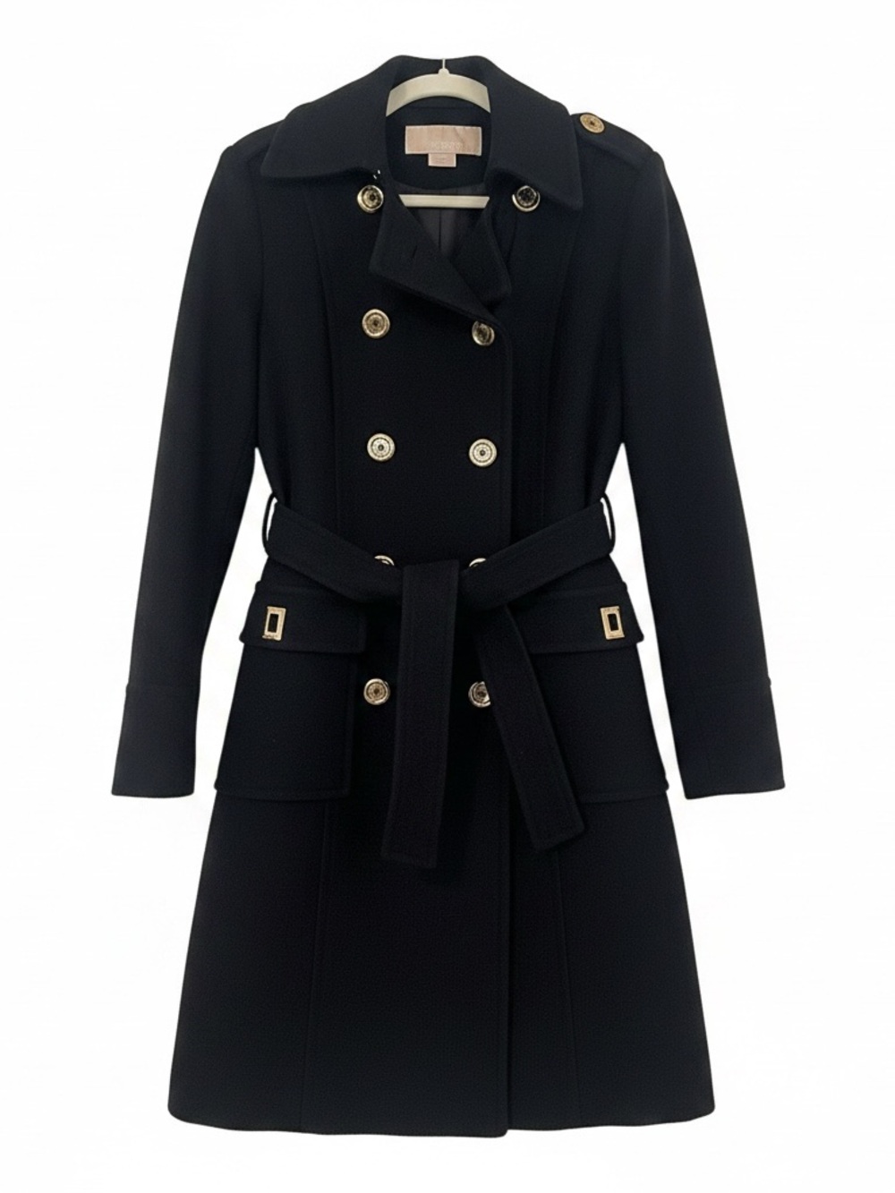 Michael Kors Black Wool Cashmere Military Belted Coat Size 2 Gold-Tone Buttons